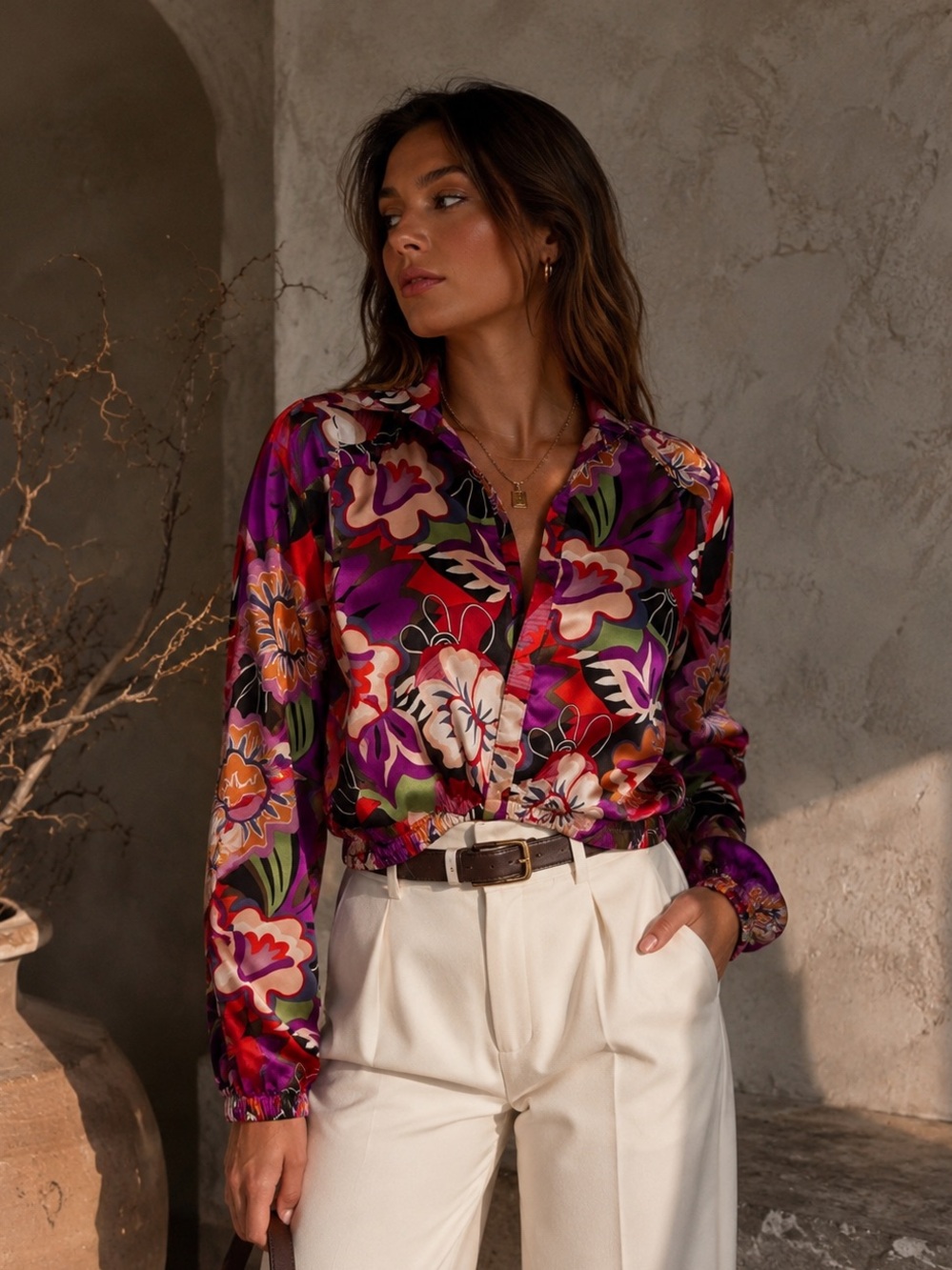 Rachel Roy Women's Colorful Floral Print Long Sleeve Top Size Small Statement